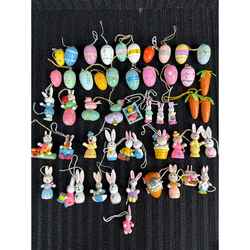 Vintage Wooden Easter Ornament Lot Bunnies Eggs Carrots 50 Pieces